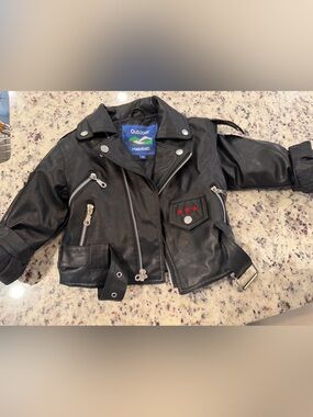 Habitat Black Faux Leather Moto Jacket with Red Star Accents